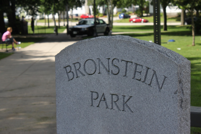 Manchester Police cruiser parked at Bronstein Park, where several people have OD'd on spice.