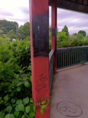 Graffiti and lack of maintenance has left the gazebo looking sad at Derryfield Park.