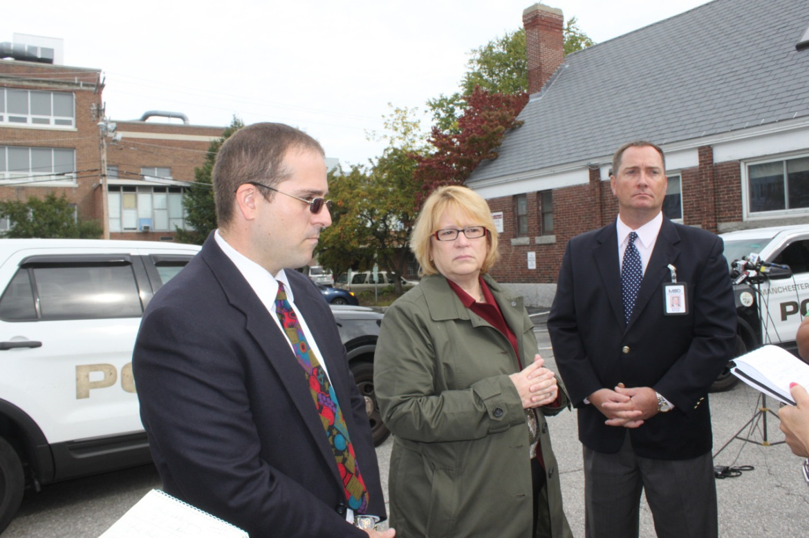 West Principal Christopher Motikas, School Superintendent Debra Livingston and Assistant Superintendent David Ryan wait for press conference to start.