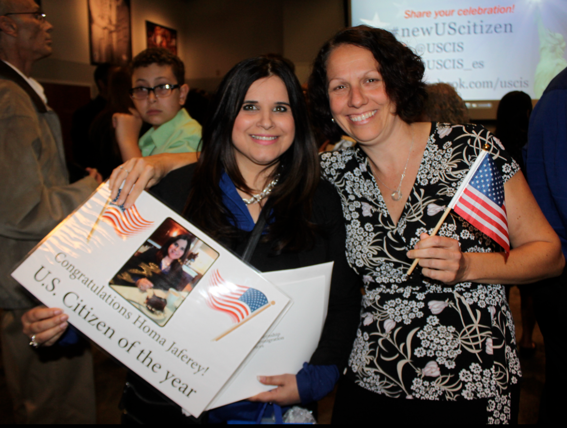 Homa Jaferey, left, and Sonia Prince of Nashua. Jaferey, born in the UK, was sworn in Friday as a U.S. Citizen. Prince, born in Canada, became a citizen in July of 2013.