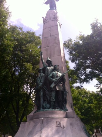 Let's clean up the graffiti on this statue and fix what's broken.