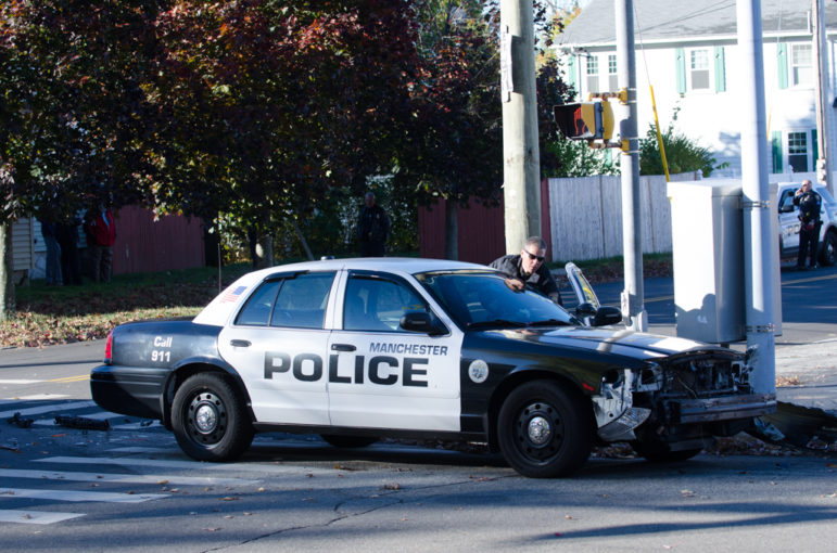 Manchester Police cruiser involved in a crash on Webster Street.
