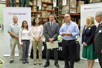 Velcro USA New Hampshire Operations Manager Donald Boulanger welcomes state and local dignitaries to the Manchester facility on Manufacturing Day on Friday (Oct. 3), which capped a week long series of events focusing on the state’s advanced manufacturing industry and the opportunities available to young people. Also pictured are Department of Resources and Economic Development Commissioner Jeffrey Rose and state Sens. Donna Soucy and Lou D’Allesandro.