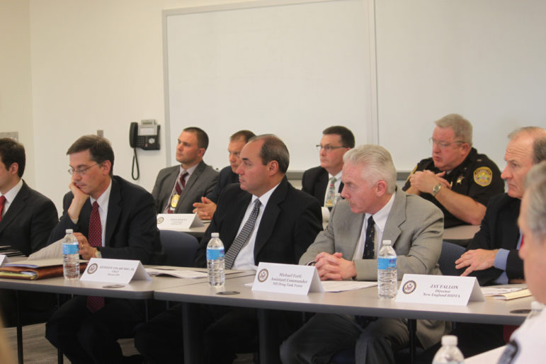 From left, NH Attorney General Joseph Foster, Dover Police Chief Anthony Colarusso Jr., Michael Forti of NH Drug Task Force and Jay Fallon of New England High Intensity Drug Trafficking Area.