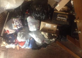 Bags and bags and bags of donated goods, with no destination.