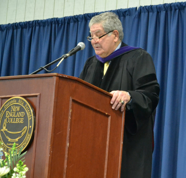 Sen. Lou D'Allesandro speaking at New England College Founder's Day celebration, where he was honored for his longtime service to NH.