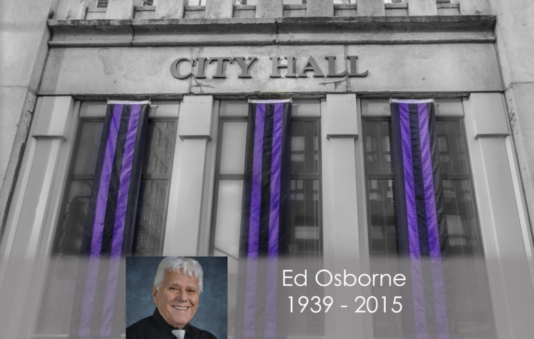 Memorial bunting on City Hall honoring Ward 5 Alderman Ed Osborne.