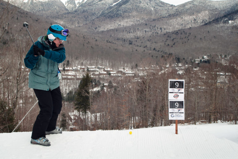 A golfer at CASA of NH’s 15th annual Snowfest at Loon Mountain tees off at the ninth hole of the wacky, mountainside golf course designed specifically for the fundraising event. Attendees of Snowfest, held Friday, Feb. 6, receive a full day lift ticket to ski and ride Loon, and if they are feeling adventurous, play a round of nine holes of golf on the Blue Ox trail. Snowfest is one of CASA’s largest annual fundraisers and 100 percent of the proceeds are donated to support the volunteer advocacy work done in court on behalf of the state’s abused and neglected children.