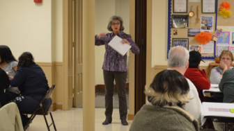 Sue Corby led the Communication Cafe March 25 at First Congregational Church.