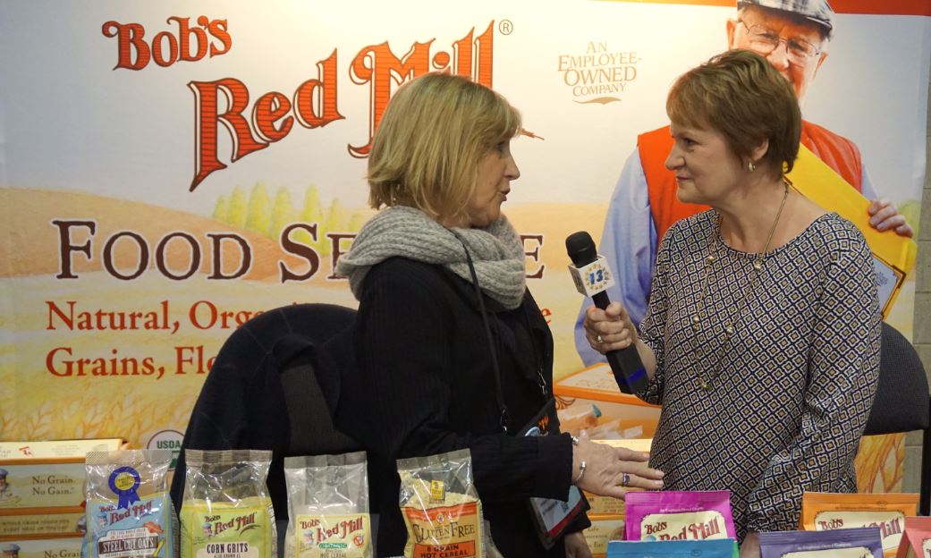Carolyn Choate in work mode, interviewing Cathy Nehl of Bob's Red Mill.