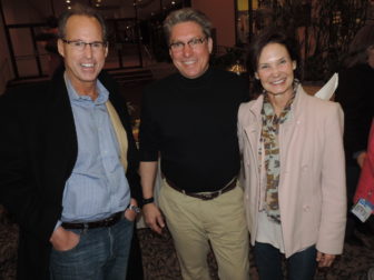 Mark Stebbins (l) and Sally Stebbins (r ), owners of ProCon Incorporated, major sponsors of the first annual CFS SLEEPOUT, join Child and Family Services’ CEO, Borja Alvarez de Toledo, at the event’s fellowship gathering, which served as a prelude to the long, cold night ahead.