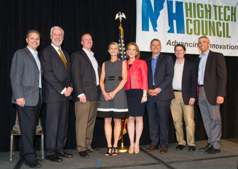 New Hampshire High Tech Council Entrepreneur of the Year Award winners from Single Digits and Southern New Hampshire celebrate with keynote speaker Carly Fiorina. Pictured L to R: Paul Mailhot of Dyn; Paul LeBlanc of SNHU; Steve Singlar and Jody Holt of Single Digits; Carly Fiorina; and Robert Goldstein of Single Digits.