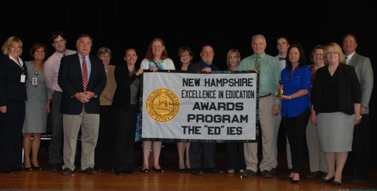 On hand for the award announcement at Parker-Varney were (left to right) MSD Innovation Zone director Pat Snow, assistant superintendent Karen Burkush, BOSC member Ross Terrio, Alderman Bill Barry, BOSC members Connie Van Houten, Erika Connors, Kathy Staub, Sarah Ambrogi, John Avard, Amy Bradley, Arthur Beaudry, Parker-Varney assistant principal Michael Beaulac, Prinicipal Amy Allen, BOSC member Robyn Dunphy, superintendent Debra Livingston and assistant superintendent David Ryan  
