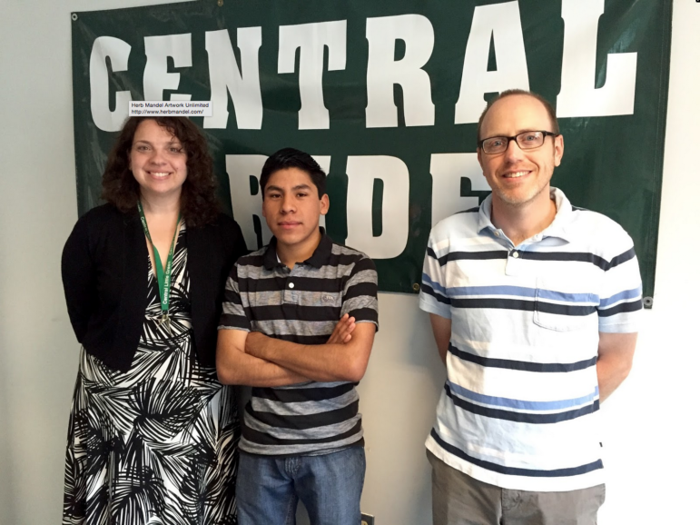 Ruben, center, with ELO coordinator Angela Bourassa  and guidance counselor Bill Cannon.