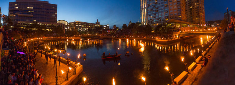 WaterPlace Park Basin during Waterfire with Providence Place in center background.