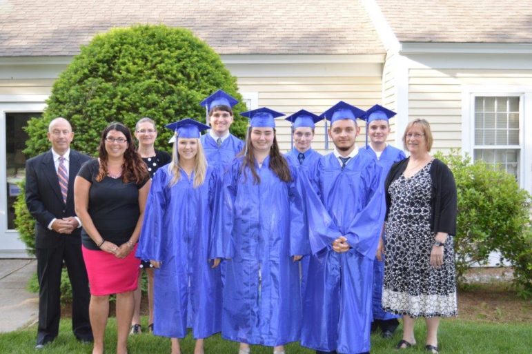 Regional Services & Education Center Academy of Amherst, New Hampshire graduated its 17th class of high school students at a June 11 ceremony.  Pictured left to right are: Stanley Shupe, RSEC assistant director; Andrea Pollock, RSEC teacher; Sara Lutat, RSEC teacher; students’ Alexandra Stone of Manchester SAU 37, Joseph Marshall of Merrimack SAU 26, Mackenzie Burke of Bow SAU 67, William Desrochers of Merrimack SAU 26, Marcus Marino of Windham SAU 28; and Janet Reed, RSEC director. 