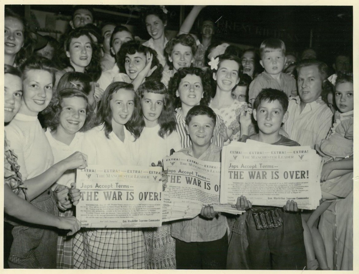 Kids clambered onto the Victory Bell in Merrimack Common when the Japanese surrender was announced.