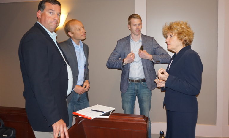 Only about 20 people attended a hearing Friday at Manchester City Hall for the public’s first chance to comment and ask questions about a Temescal Wellness Inc. marijuana grow site that is planned for 645 Harvey Road in Manchester. From left: Anthony Parrinello, Temescal’s executive director, Ted Rebholz, president of the Temescal Board of Directors, Brandon Pollock, Temescal’s vice president, and Mary Ann Cooney, associate commissioner for the New Hampshire Department of Health and Human Services, who moderated the meeting.