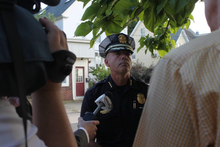 Chief Nick Willard outside the home on Silver Street where a death investigation was underway.