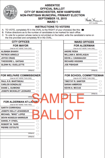 Ward 1 sample ballot.