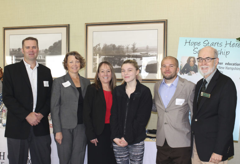 Members of the selection committee for the New Hampshire Coalition to End Homelessness  scholarship committee congratulated Concord, NH, resident, Briana Small as this year’s recipient at Monday’s annual NH Homeless Providers conference.  Pictured are (l. to r.) Ryan Taylor, FairPoint Communications; Karen Wilson, Bank of New Hampshire; Cathy Kuhn, NH Coalition to End Homelessness; Briana Small, Southern New Hampshire University Student and award recipient; Kyle Beaulieu, NH Coalition to End Homelessness; and Senator David Watters from the University of New Hampshire.  