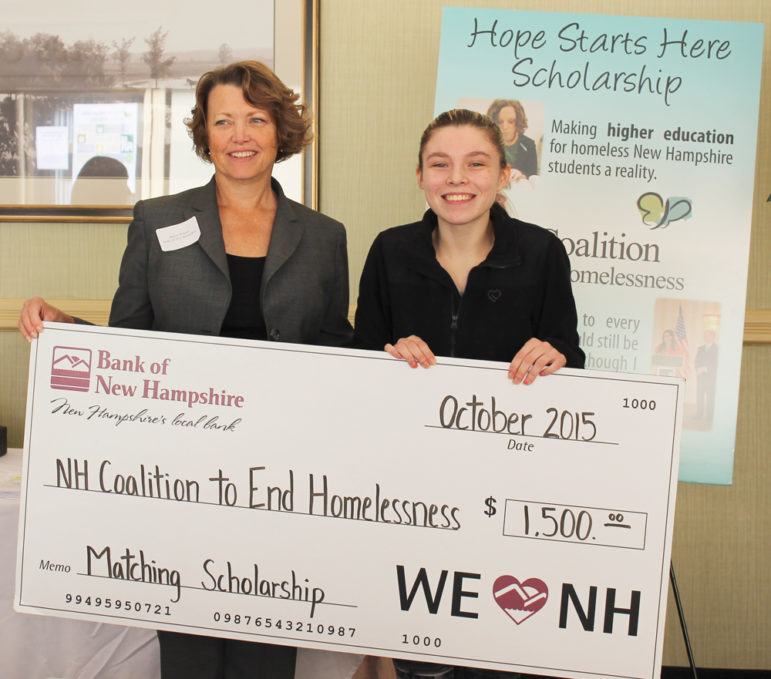 Karen Wilson, left, of Bank of New Hampshire presents their $1,500 match to this year’s scholarship recipient, Briana Small, of Concord.