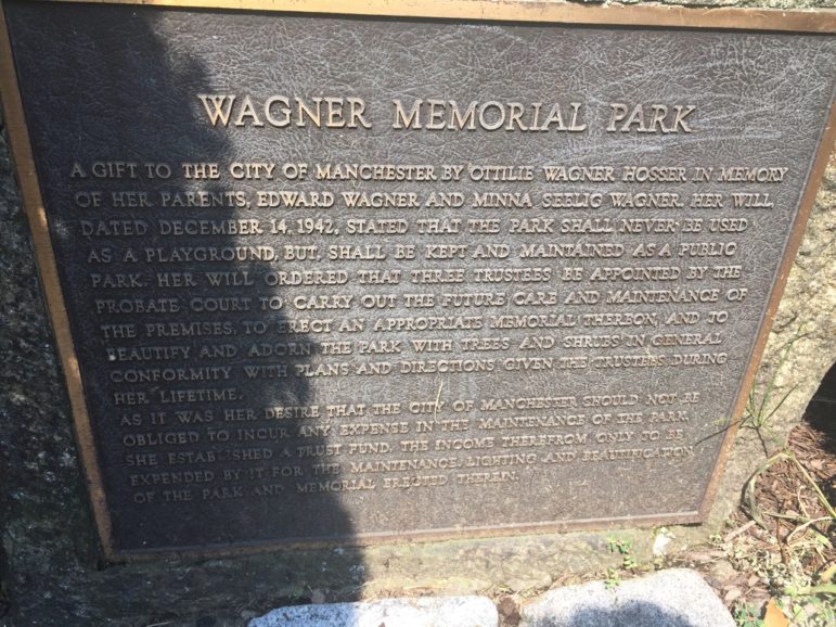 Commemorative plaque at Wagner Memorial Park, aka Pretty Park.