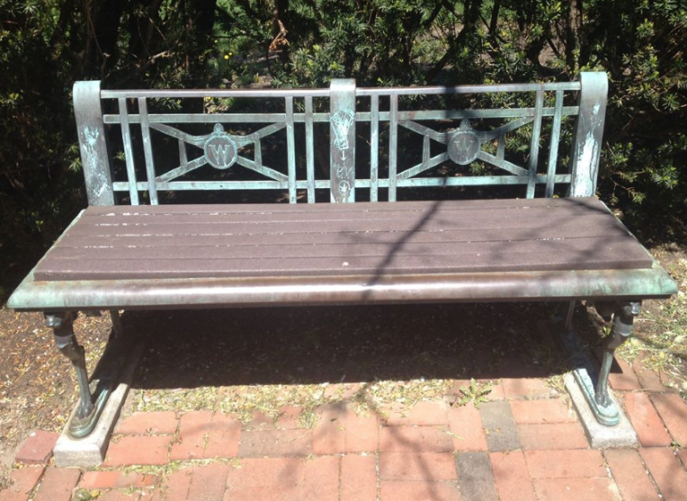 One of the original benches placed in Wagner Park in the mid-1940s.
