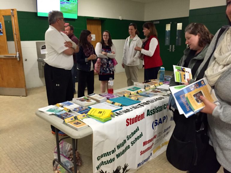 Counselors from the district's Student Assistance Program had a table with brochures for parents in the lobby at Hillside Middle School.