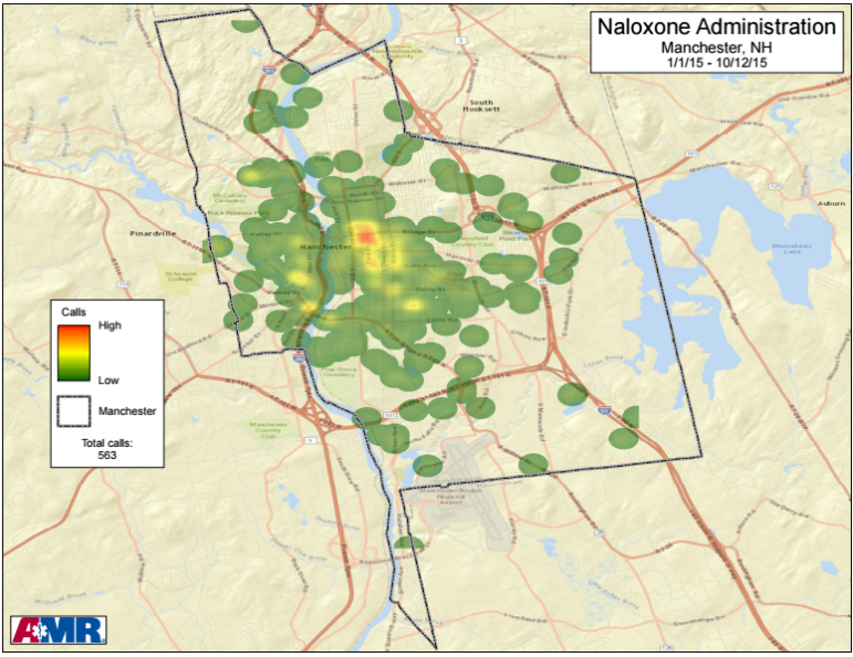 Heat map where Narcan has been administered. Each green dot represents 12 doses, said Chris Hickey of Manchester Fire Department.