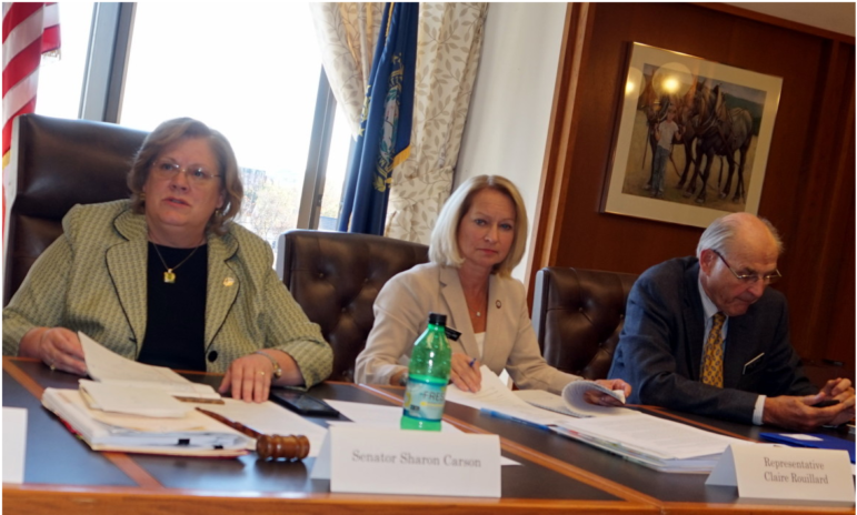 State Sen. Sharon Carson, R-Londonderry (chairman), Rep. Claire Rouillard, R-Goffstown, and Rep. Frank Heffron, D-Exeter listen to testimony before the Commission on the Use of Police Personnel Files.