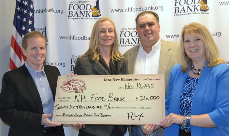 Mel Gosselin, executive director of The New Hampshire Food Bank, accepts a $26,000 donation from The Common Man Vice President Diane Downing, The Common Man Chief Operations Officer Vincent Vella, and Erica Auciello Murphy, director of communications and community relations for The Common Man family. Funds were raised through the sale of Common Man holiday coupon books and an invitational golf tournament. 
