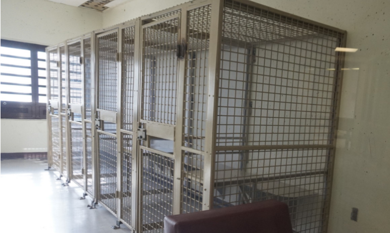 "Therapy booths" that look like human cages are used for group therapy at the Secure Psychiatric Unit at New Hampshire State Prison for Men.
