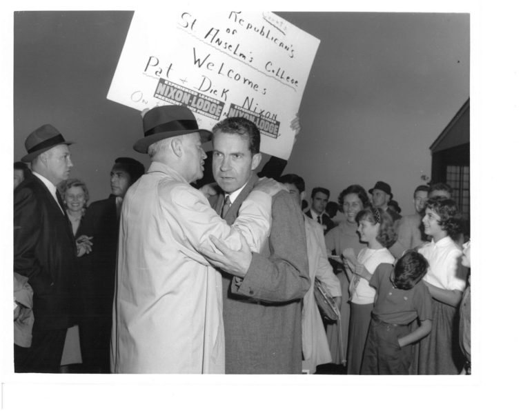 Sen. Styles Bridges whispering in Nixon’s ear in 1960 at Manchester’s Grenier Field.