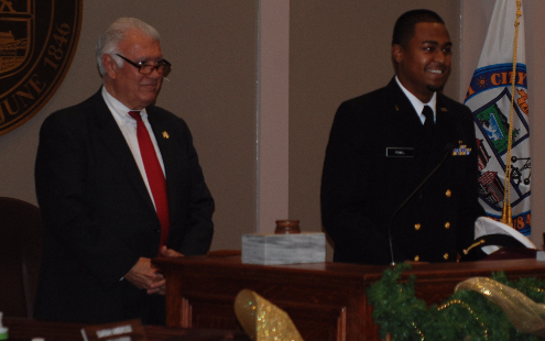 Mayor Ted Gatsas, left, and West Student Desmond Powell.