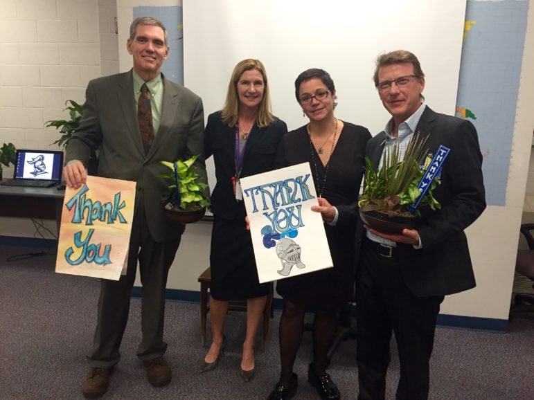Parkside principal Forrest Ransdell, library media specialist Robin Tafe, teacher Jennifer Harrises, Arthur Sullivan.