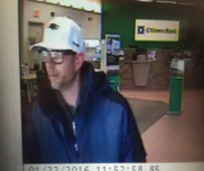 Surveillance shot of bank robber from Citizen's Bank on Elm Street.