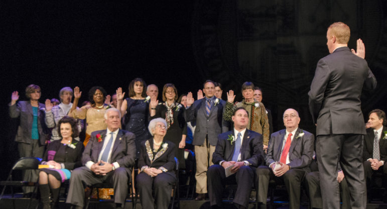 Members of the School Committee are sworn in by City Clerk Matt Normand on Jan. 5, 2016.