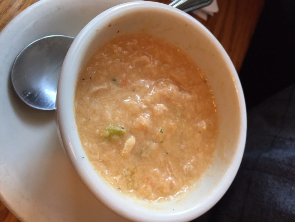 Jim tried the Buffalo Chicken soup as one of his complimentary sides. Interesting!