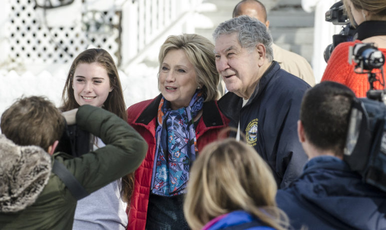 Hillary Clinton campaigns in Manchester with NH Sen. Lou D'allesandro on High Street.