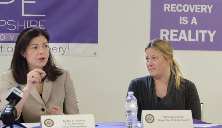 U.S. Sen. Kelly Ayotte, R-NH, left, and Melissa Fortin-Crews of Hope for NH Recovery, during a session Monday to talk about the CARA act.