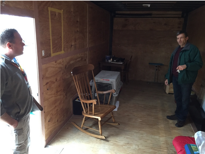 Dan Bricker, left, who works for the VA Hospital, stopped by to see the cargo trailer and catch up with Keith Howard, of Liberty House back in April 2015.