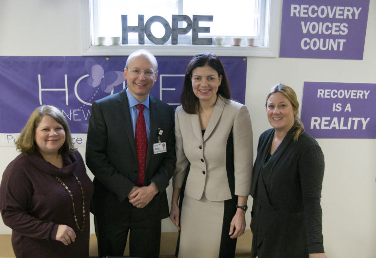 From left: Holly Cekala, Dr. William Goodman, Chief Medical Officer, Catholic Medical Center, U.S. Sen. Kelly Ayotte, R-NH, and Melissa Crews.