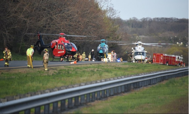 Three helicopters at the April 18 crash on NJ I-78 that injured 5 from New Hampshire.