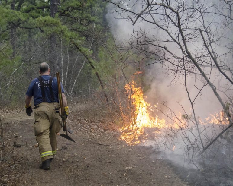 Firefighters spent about 40 minutes battling a brush fire at Rock Rimmon on Monday.