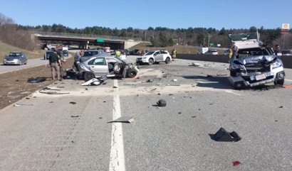 Scene of 8-vehicle accident initiated by a Nashua man who police say was involved in a car-jacking in Nashua.