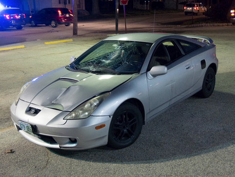 Toyota Celica shows damage on the hood and windshield from an accident April 14 involving a pedestrian.