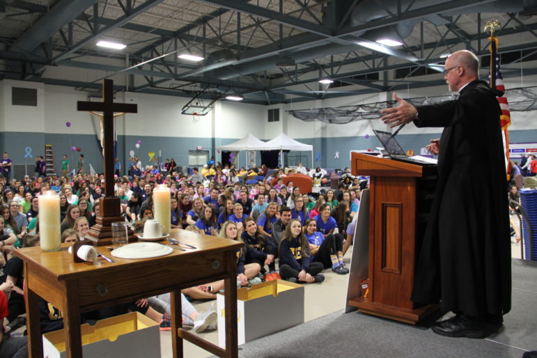 Father Mathias addresses the Relay for Lifers at Saint Anselm College.