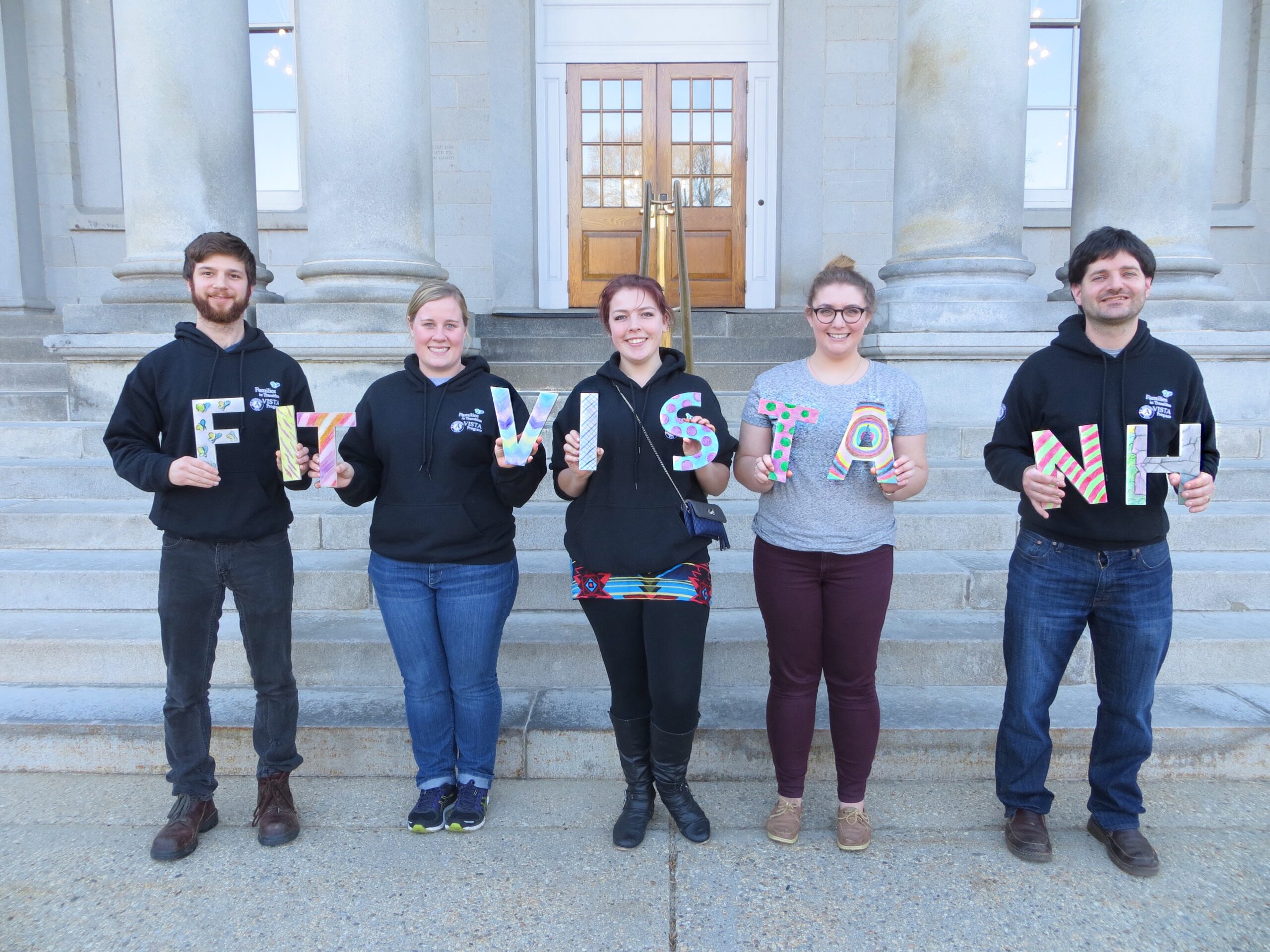 SERVE A YEAR: The Families in Transition (FIT) AmeriCorps VISTA (Volunteers in Service to America) Program is searching for new members for the 2016-2017 program year. Shown are current members (l. to r.) Jake Cheeseman serving with FIT, Rudi Koornneef serving with the NH Department of Education, Briana Gambell serving with FIT, Gillian Seaman serving with FIT, and Michael Uffenbeck serving with the Concord Coalition to End Homelessness.  