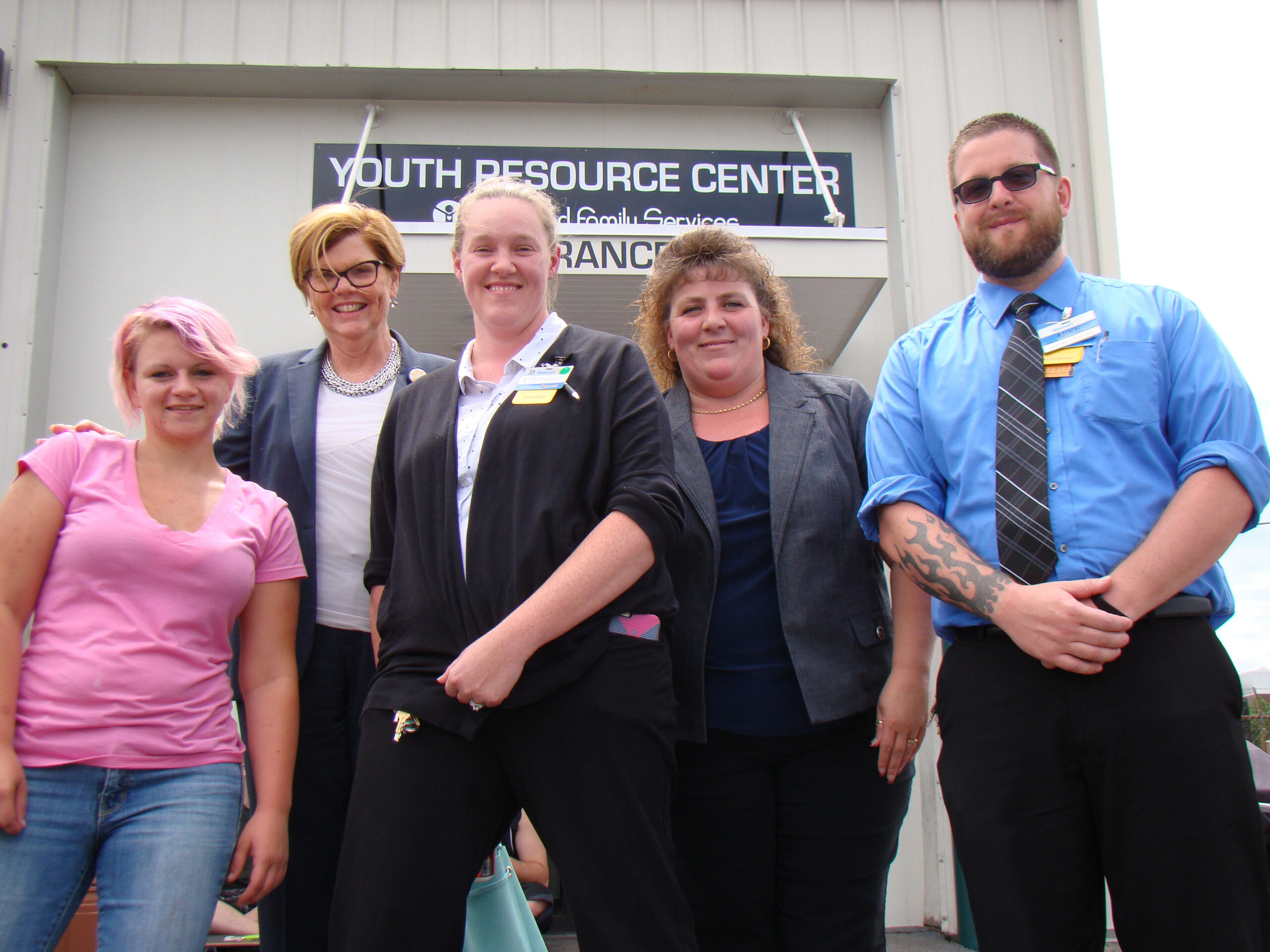 From left: Courtney deFrancesco (client of CFS; and now an employee of Walmart); Leslie Thompson from the Walmart Foundation; and Stephanie Rizzo; Nina Fogg; and Mike Garvey; of the new Walmart on Gold St. Manchester.